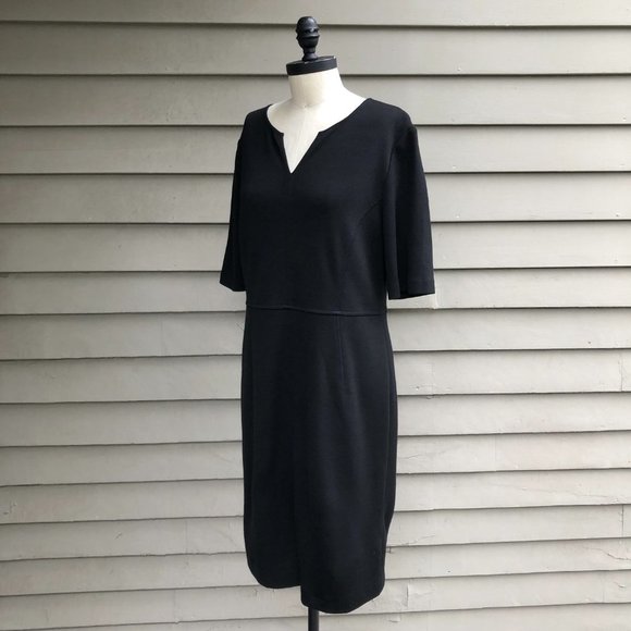 ST. JOHN Caviar Milano Knit Front Slit Split Neck Midi Length Black Sheath Dress - Picture 6 of 16